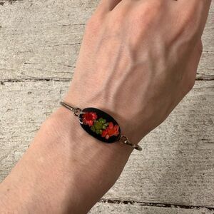 Vintage Mexican Alpaca Silver Pressed Flower Bangle Bracelet